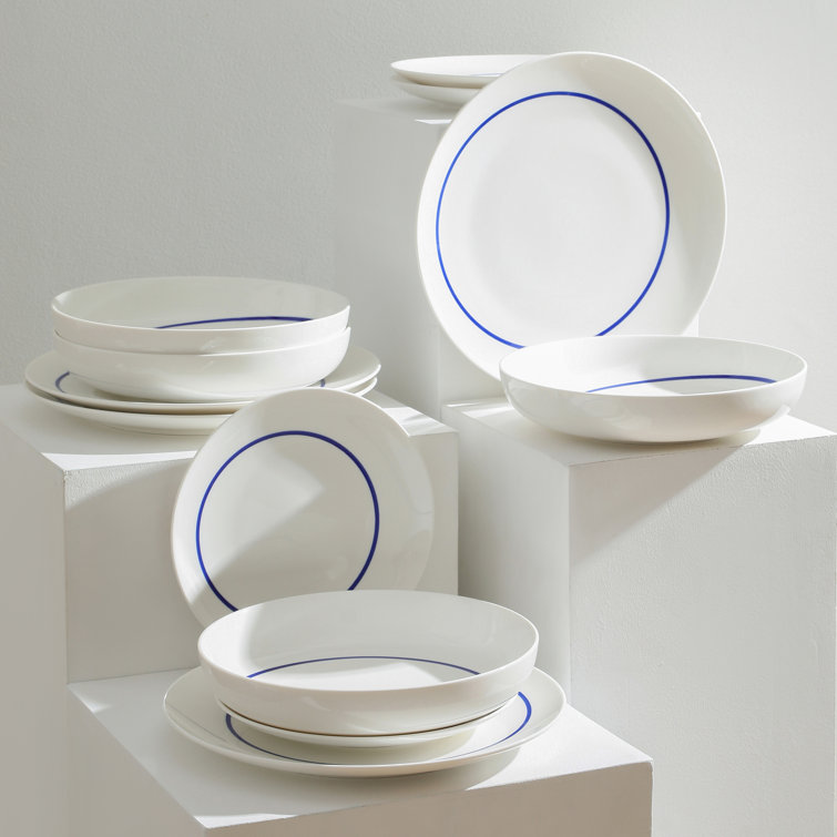 Luna Blue and White Porcelain 12-Piece Dinnerware Set, Service for 4