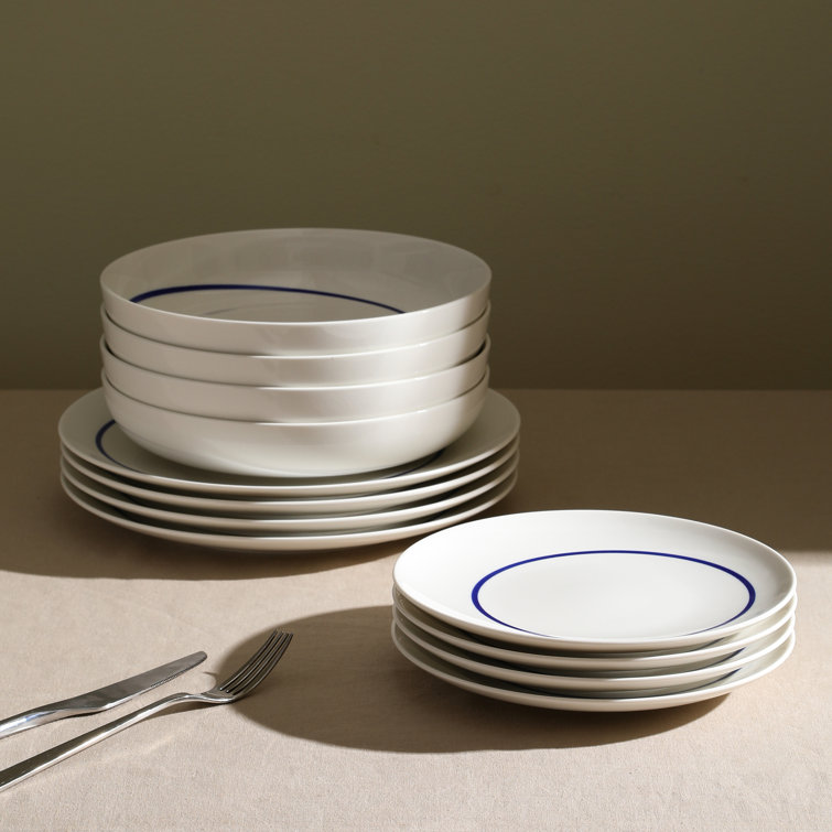 Luna Blue and White Porcelain 12-Piece Dinnerware Set, Service for 4