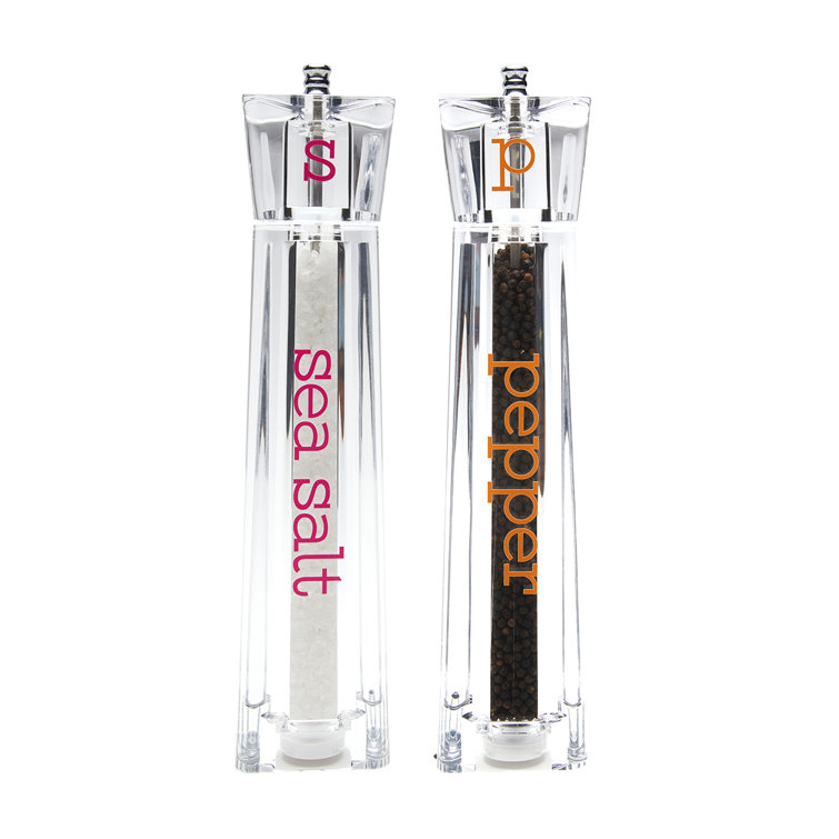 Clear Acrylic Salt and Pepper Shakers with Pink and Orange Letters