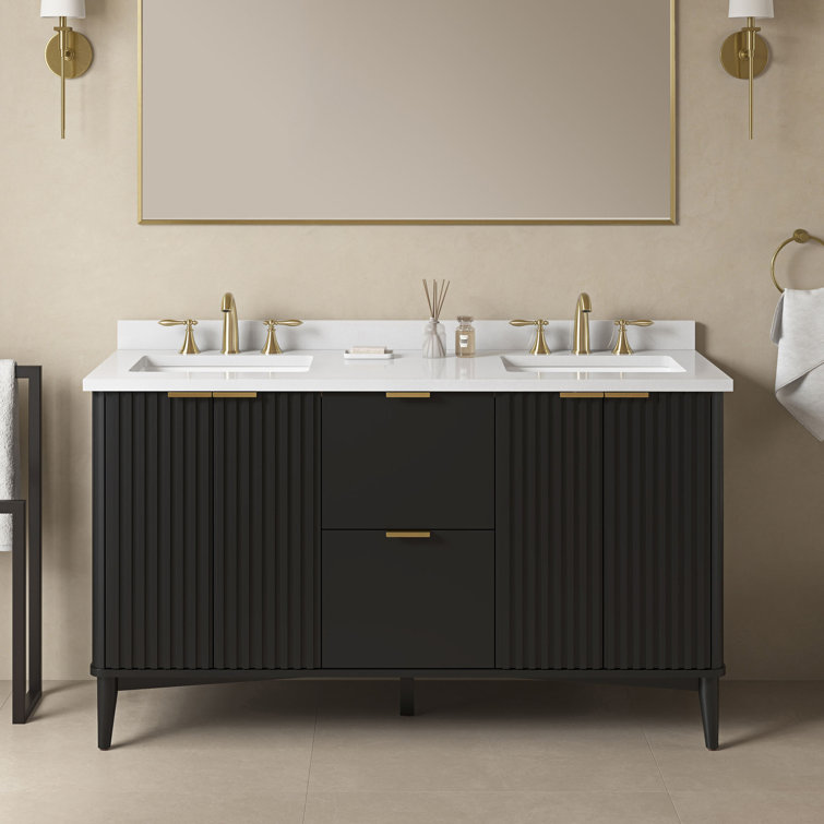 60 in. Onyx Black Double Sink Bathroom Vanity with White Marble Top