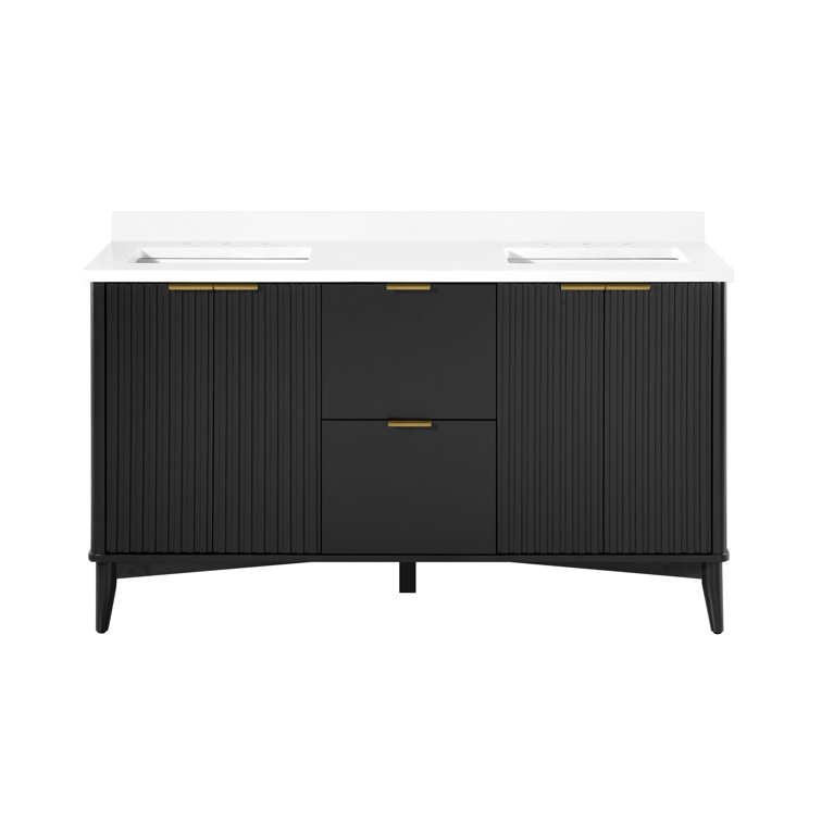 60 in. Onyx Black Double Sink Bathroom Vanity with White Marble Top