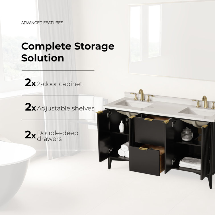 60 in. Onyx Black Double Sink Bathroom Vanity with White Marble Top