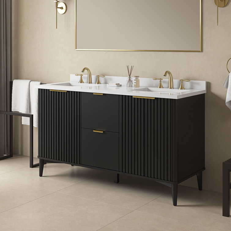 60 in. Onyx Black Double Sink Bathroom Vanity with White Marble Top