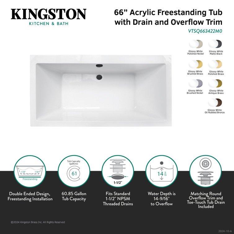 66-Inch Glossy White Acrylic Freestanding Tub with Oil Rubbed Bronze Drain