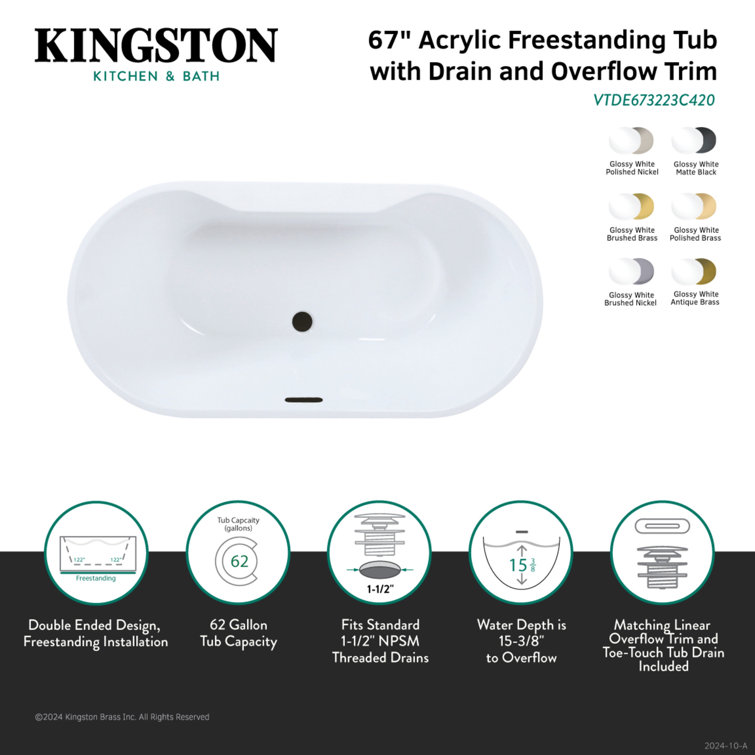 67-Inch White Acrylic Freestanding Tub with Polished Brass Drain