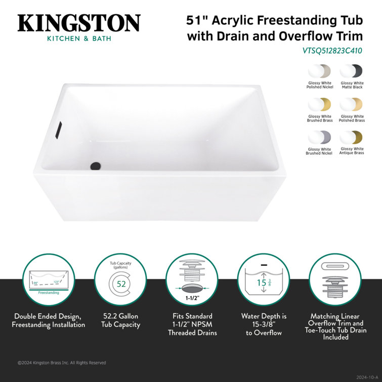 51-Inch White Acrylic Rectangular Freestanding Tub with Polished Brass Drain