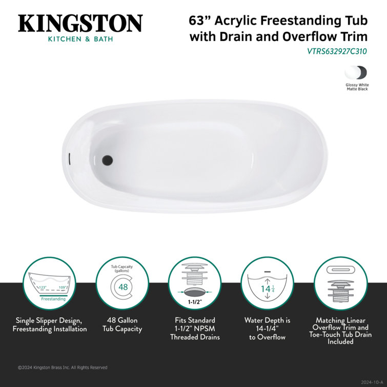 63-Inch White Acrylic Freestanding Oval Bathtub with Matte Black Drain
