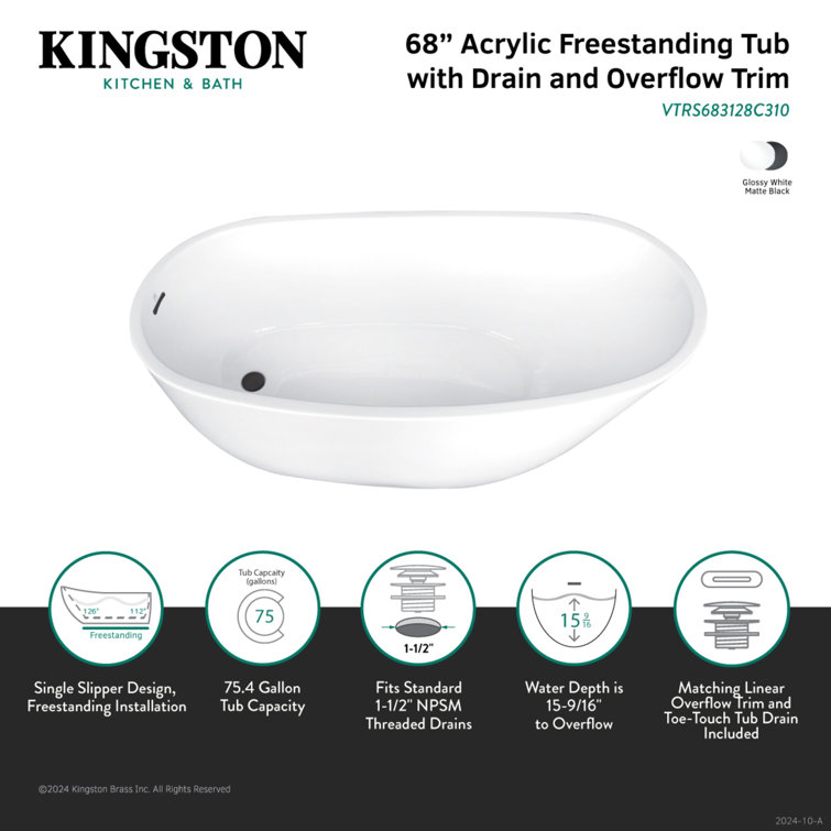White Acrylic Oval Freestanding Slipper Bathtub
