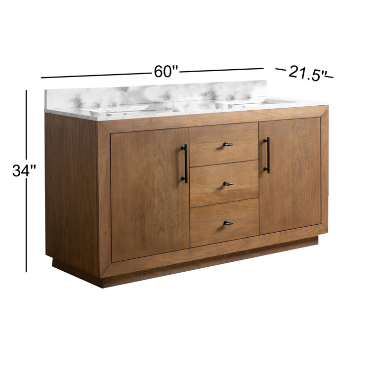 60" Tan Double Sink Bathroom Vanity with Black Limestone Top