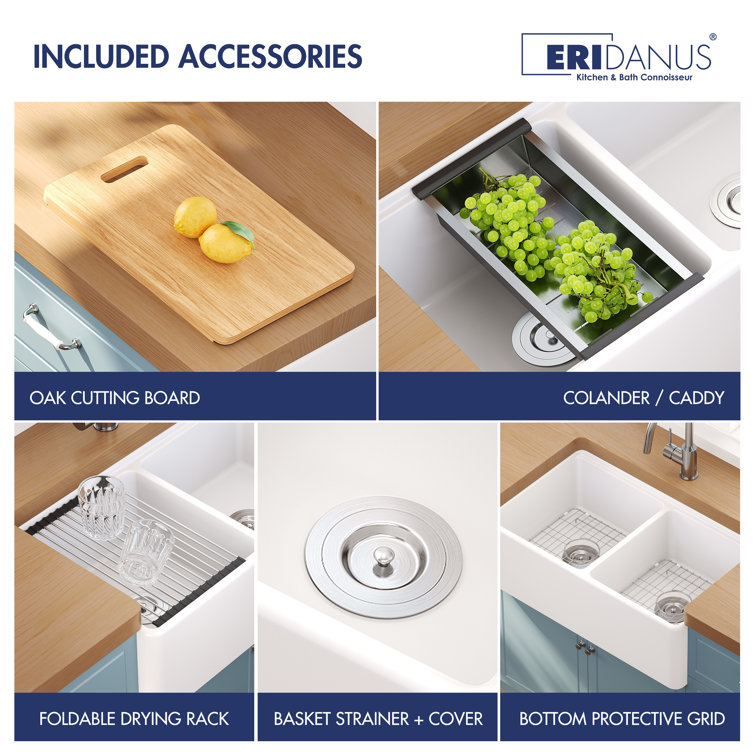Crisp White Ceramic Double Bowl Farmhouse Kitchen Sink with Accessories
