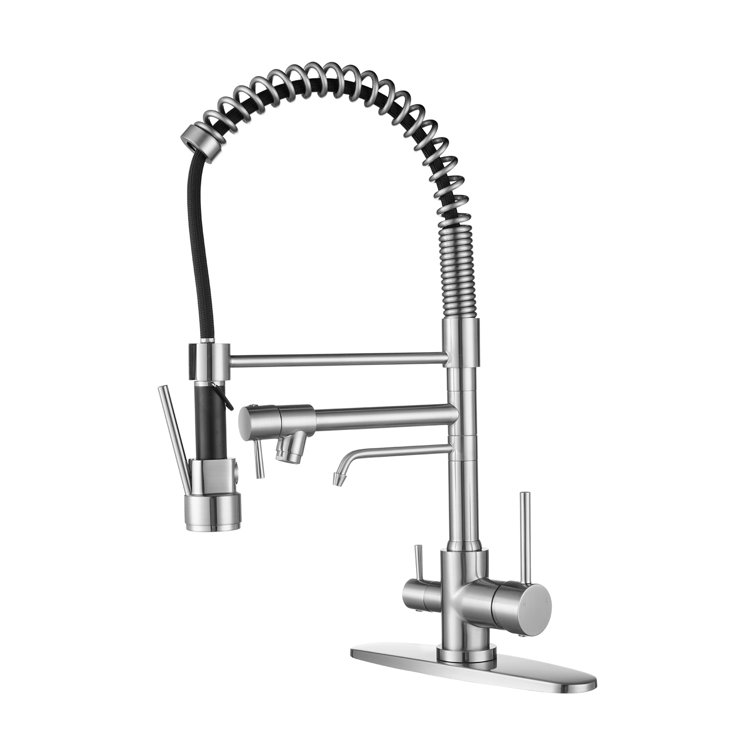 Brushed Nickel Dual Handle Pull Down Kitchen Faucet with Spray