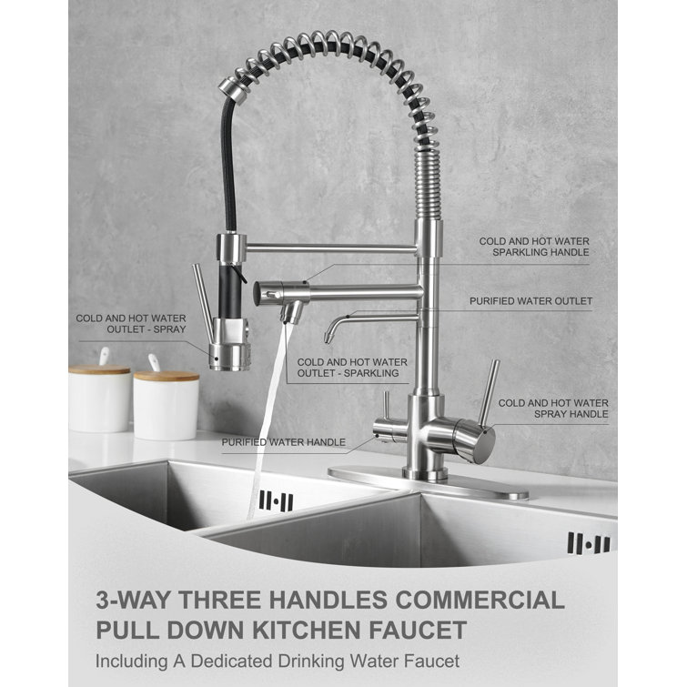 Brushed Nickel Dual Handle Pull Down Kitchen Faucet with Spray