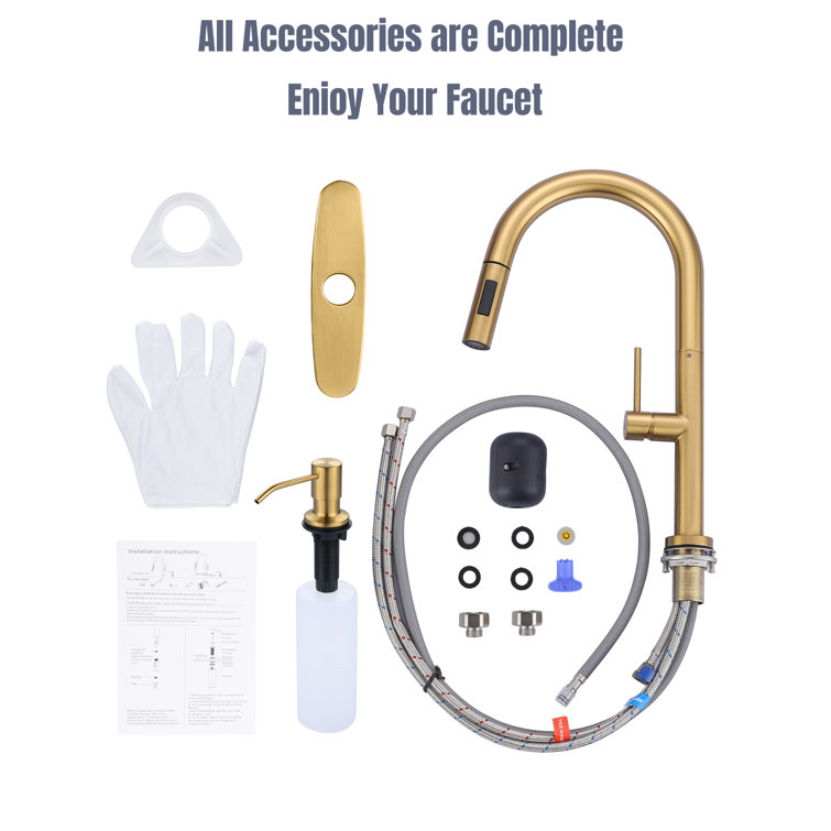 Brushed Gold Stainless Steel Pull Down Kitchen Faucet with Soap Dispenser