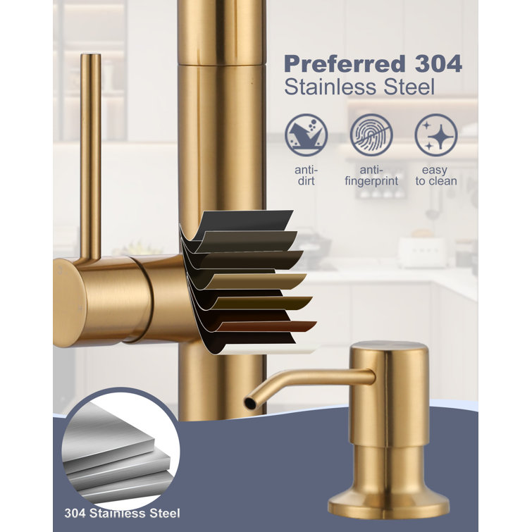 Brushed Gold Stainless Steel Pull Down Kitchen Faucet with Soap Dispenser