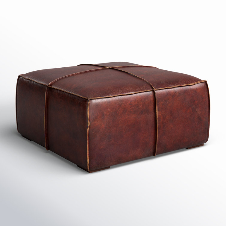 Stamford Square Brown Leather Ottoman with Wood Frame
