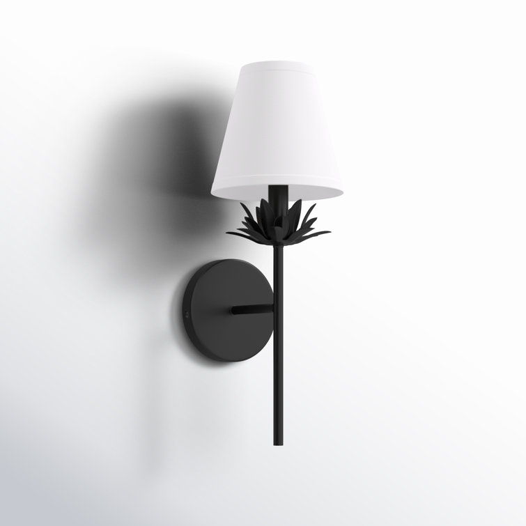 Matte Black Floral Bobeche Wall Sconce with White Linen Shade