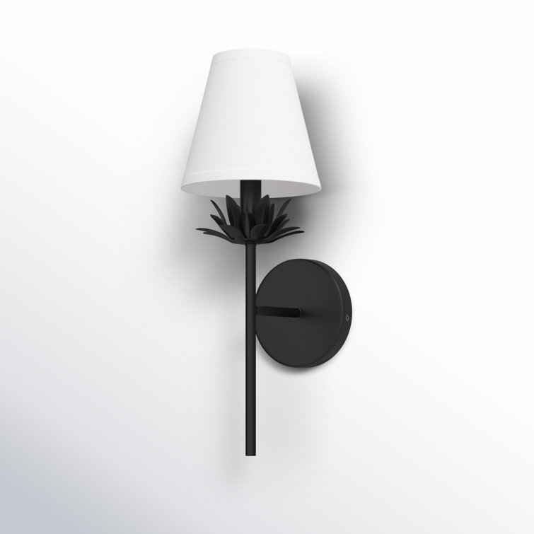Matte Black Floral Bobeche Wall Sconce with White Linen Shade
