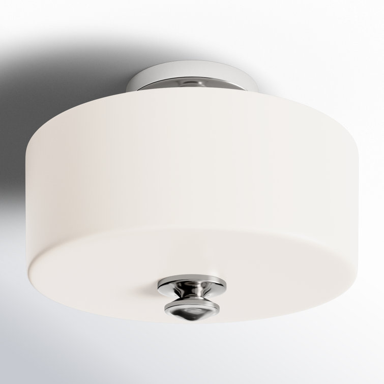 Polished Nickel 2-Light Drum Semi Flush Mount with Glass Shade