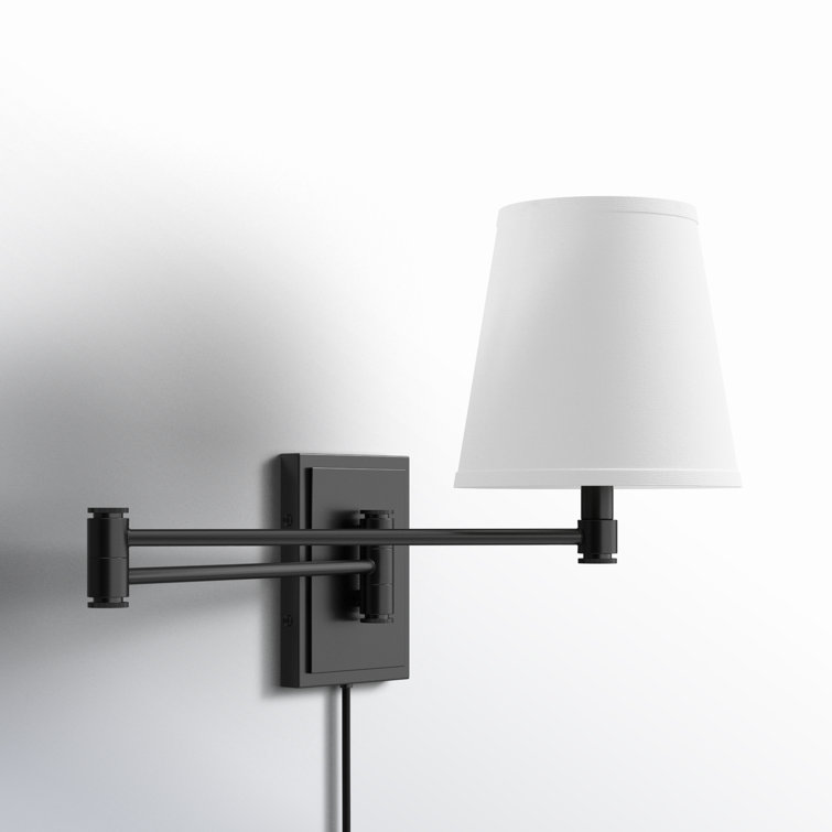 Black Steel Dimmable Plug-in Swing Arm Sconce with White Shade