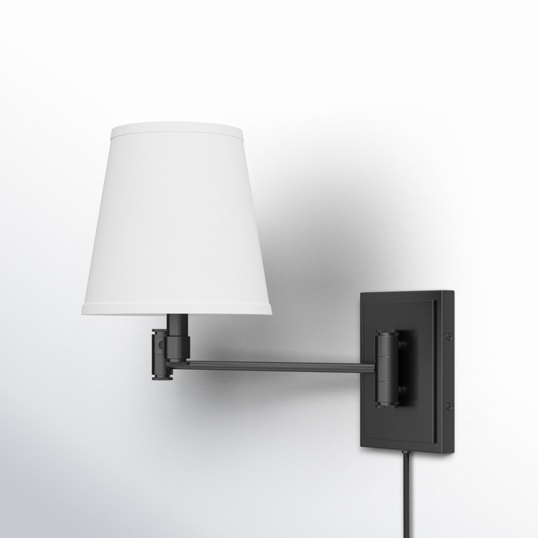 Black Steel Dimmable Plug-in Swing Arm Sconce with White Shade
