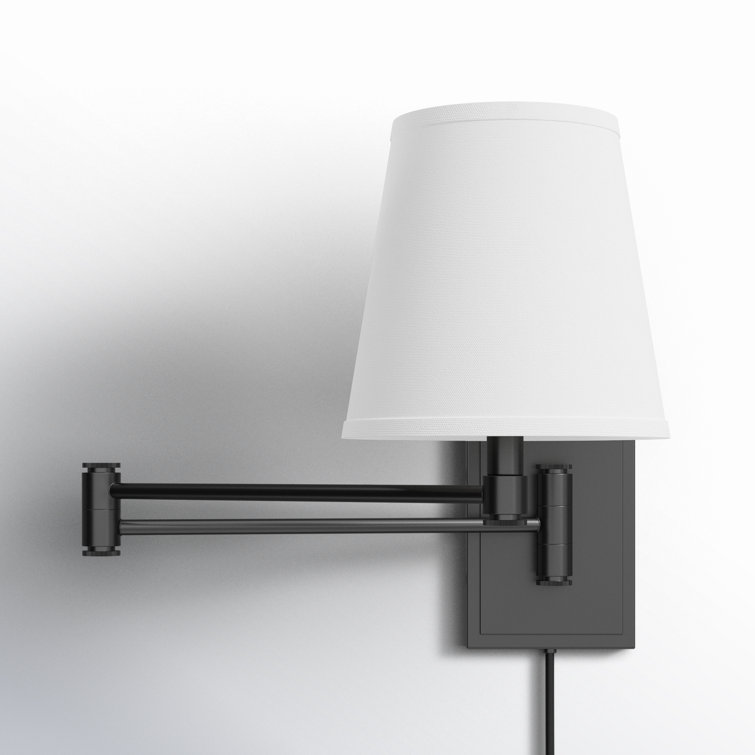 Black Steel Dimmable Plug-in Swing Arm Sconce with White Shade