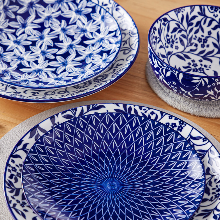 Selene Blue and White Floral Ceramic Dinnerware Set, Service for 4