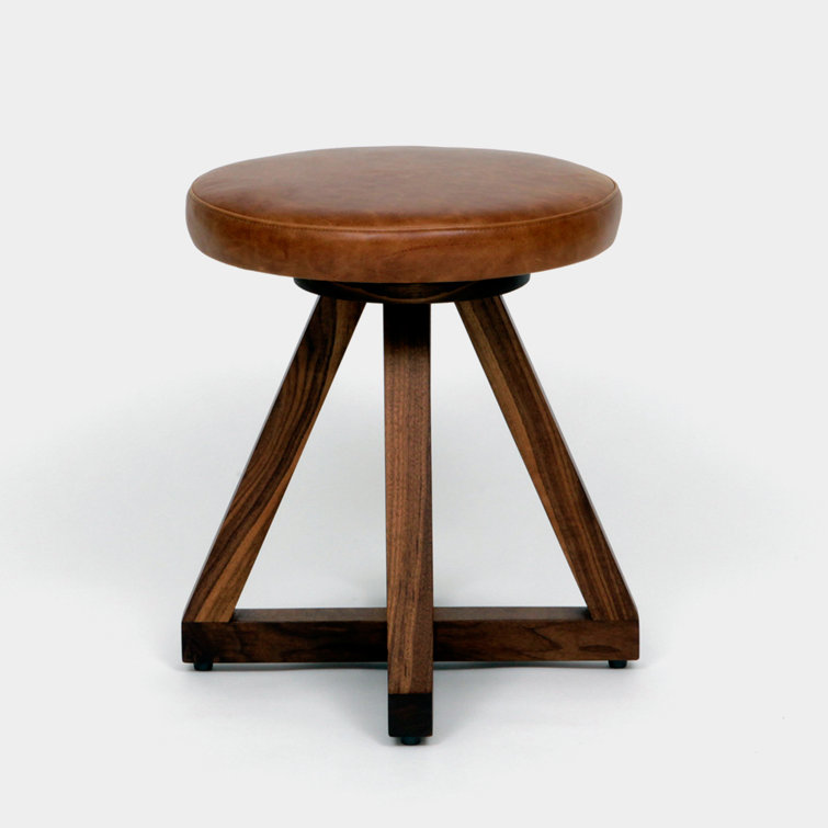 Swivel Saddle-Style Backless Stool in Black Leather and Walnut