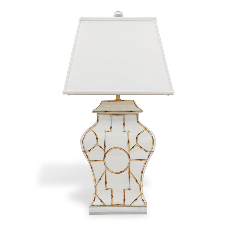 Elegant Porcelain & Lucite Table Lamp with Linen Shade - White