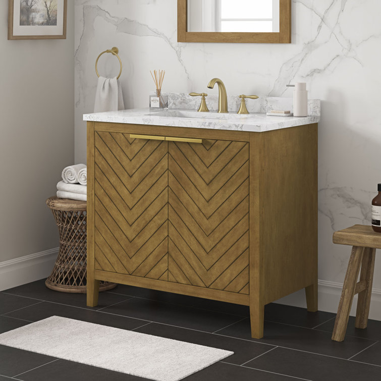36 in. Almond Latte Single Sink Bathroom Vanity with Marble Top