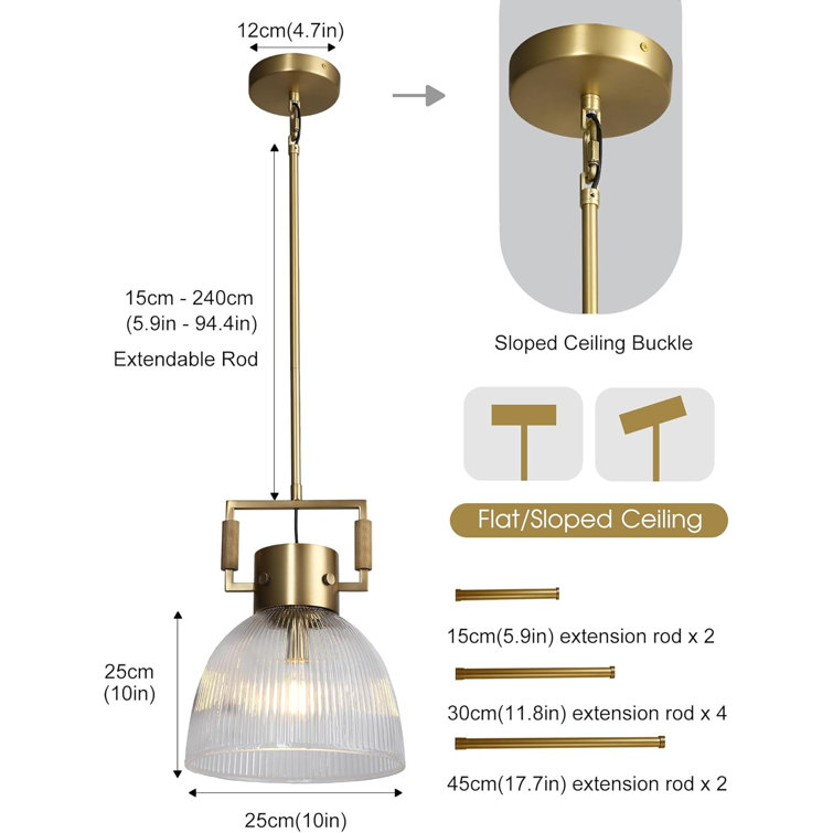Gold and Glass Dome Pendant Light with Adjustable Height