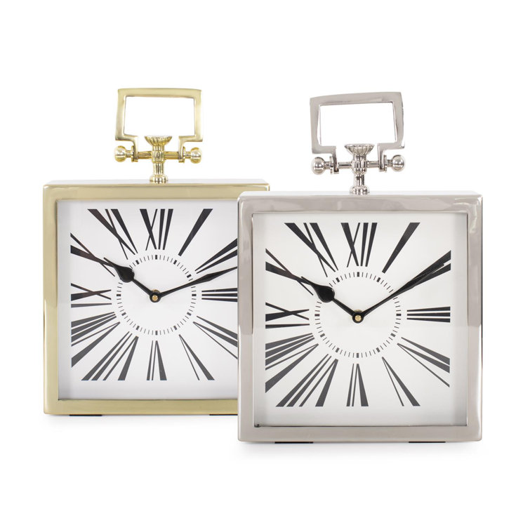 Gold Square Handled Table Clock with Textured Metal Surround