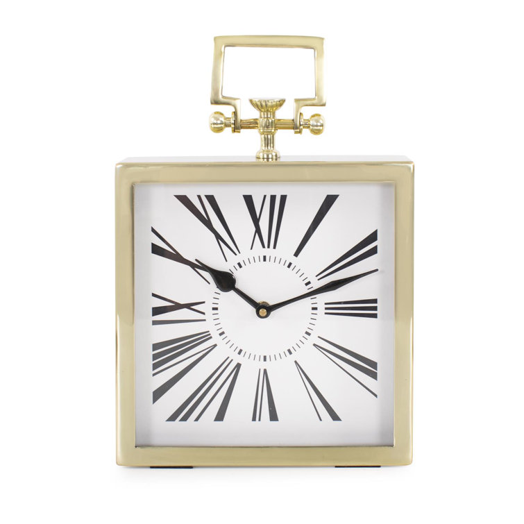 Gold Square Handled Table Clock with Textured Metal Surround