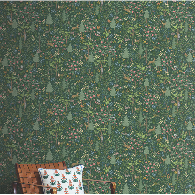 Emerald Green Multicolor Vinyl Peel and Stick Woodland Wallpaper