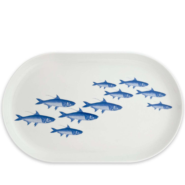 Large Oval White Ceramic Platter with Blue Fish Design