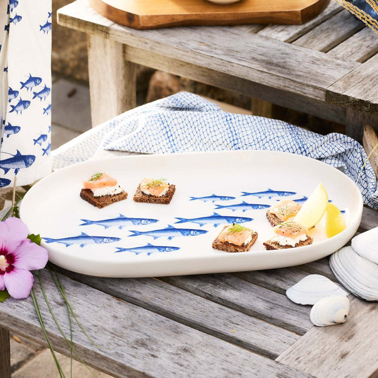 Large Oval White Ceramic Platter with Blue Fish Design