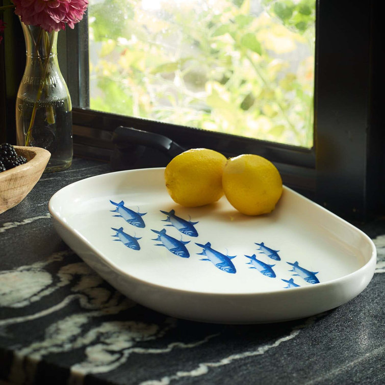 Large Oval White Ceramic Platter with Blue Fish Design