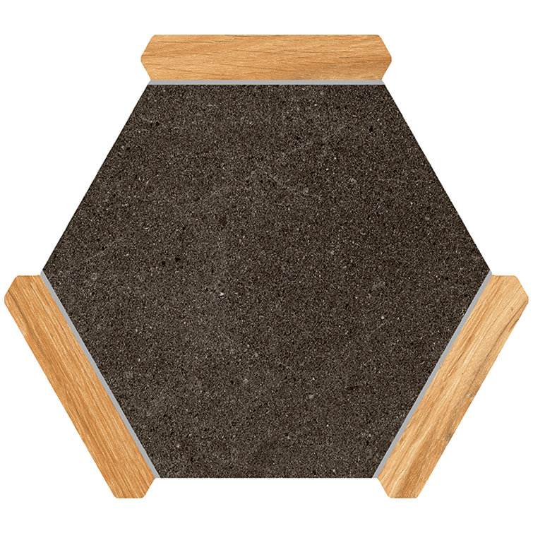 Matte Black and Brown Porcelain Hexagon Tile with Wood Accents
