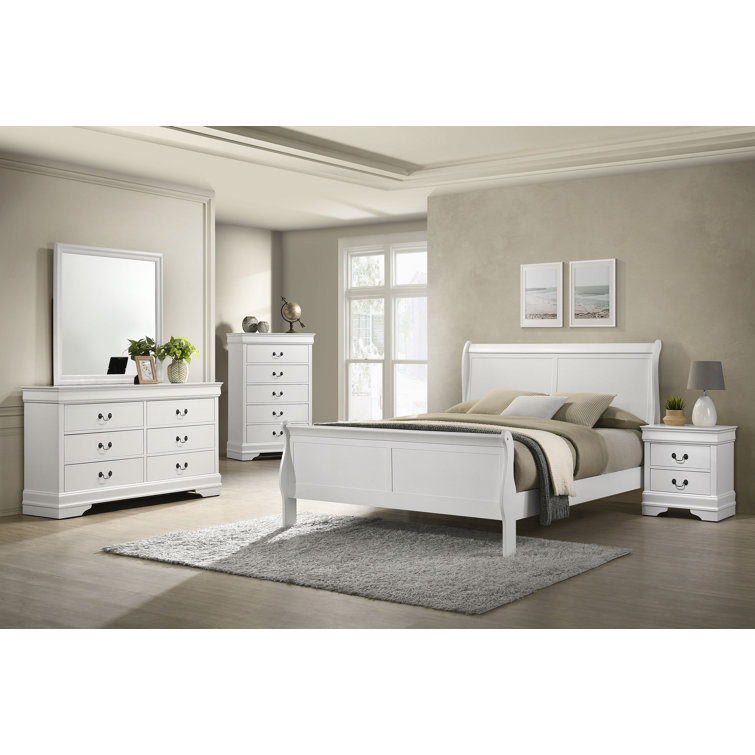 White Full Sleigh Bed with Wood Frame and Headboard