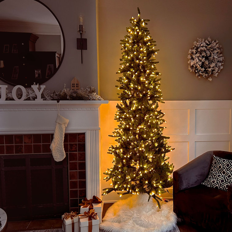 7.5-Foot Green Slim Pine Artificial Christmas Tree with Multicolor LED Lights