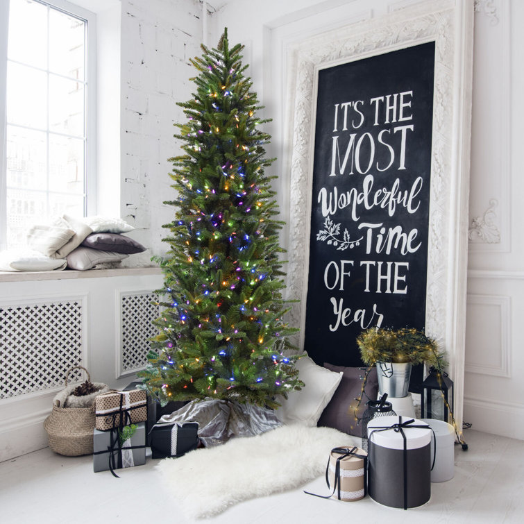 7.5-Foot Green Slim Pine Artificial Christmas Tree with Multicolor LED Lights