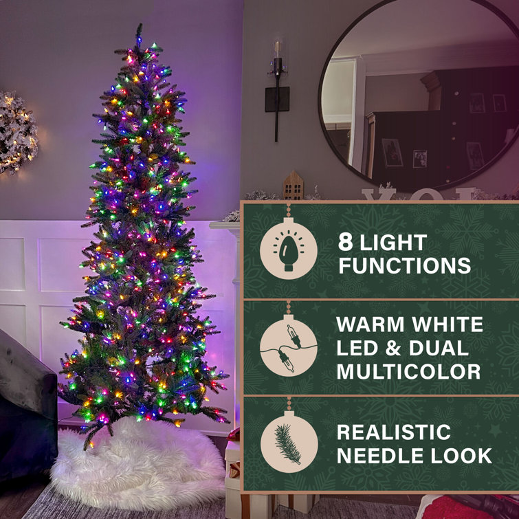 7.5-Foot Green Slim Pine Artificial Christmas Tree with Multicolor LED Lights
