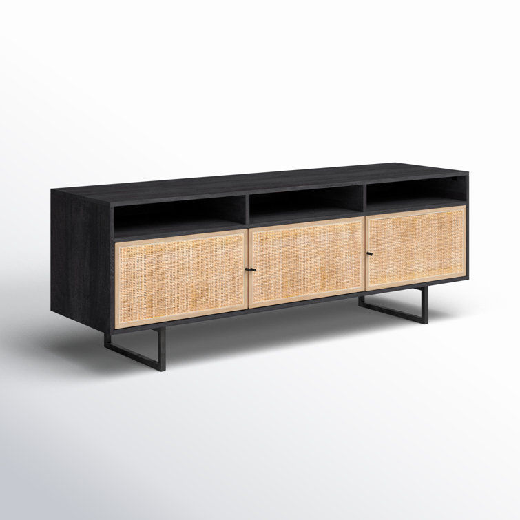 Carmel 65'' Black Wash Contemporary Mango Wood Media Console with Cabinet