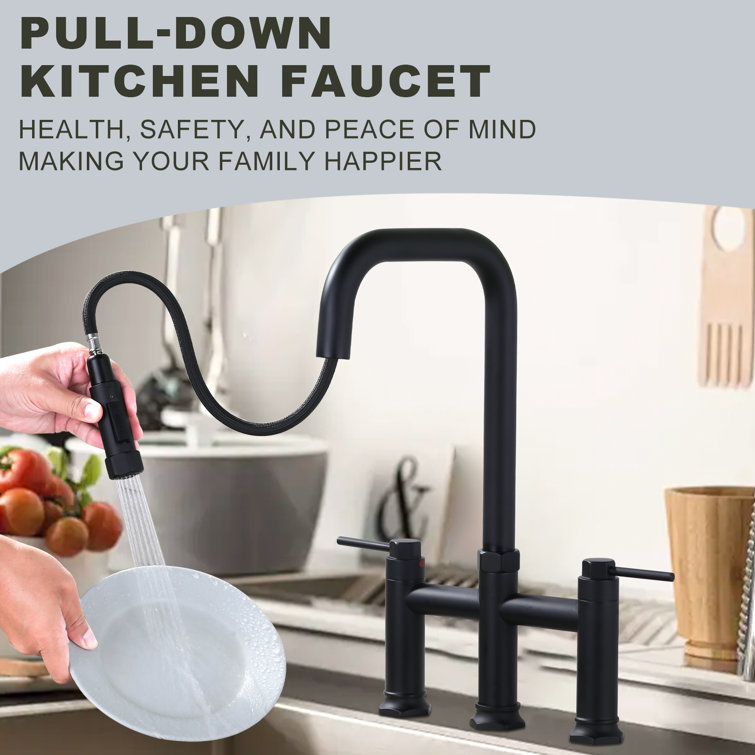 ARCORA AR7401402B 3 Holes Brass Double Handle Bridge Kitchen Faucet With 2-Mode Pull Down Sprayer And Supply Lines