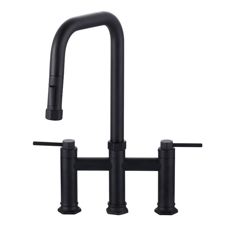 ARCORA AR7401402B 3 Holes Brass Double Handle Bridge Kitchen Faucet With 2-Mode Pull Down Sprayer And Supply Lines