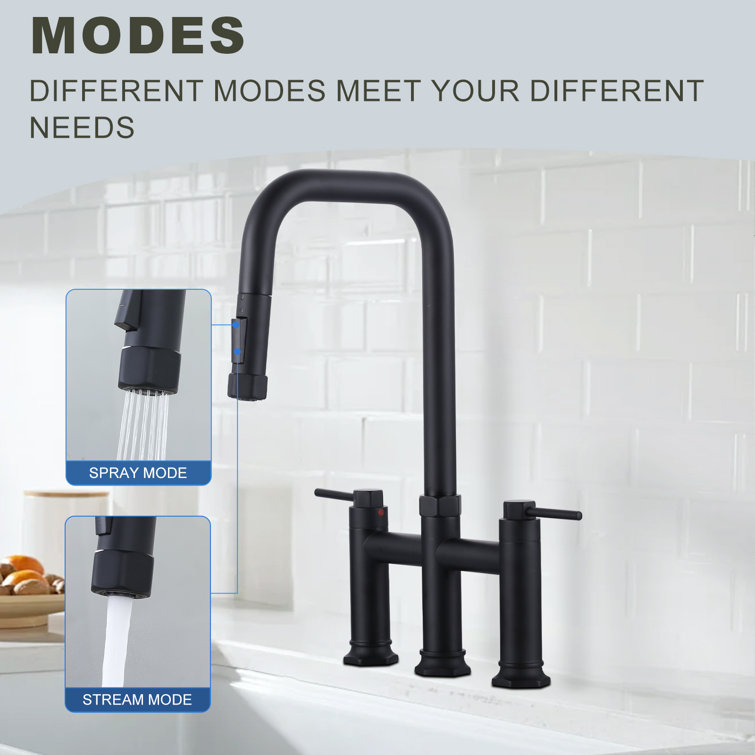 ARCORA AR7401402B 3 Holes Brass Double Handle Bridge Kitchen Faucet With 2-Mode Pull Down Sprayer And Supply Lines