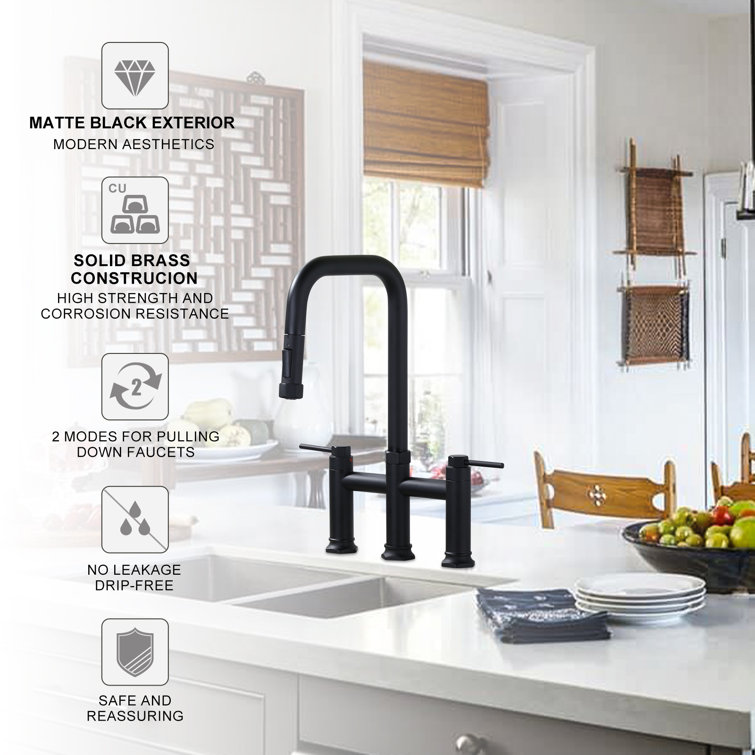 ARCORA AR7401402B 3 Holes Brass Double Handle Bridge Kitchen Faucet With 2-Mode Pull Down Sprayer And Supply Lines