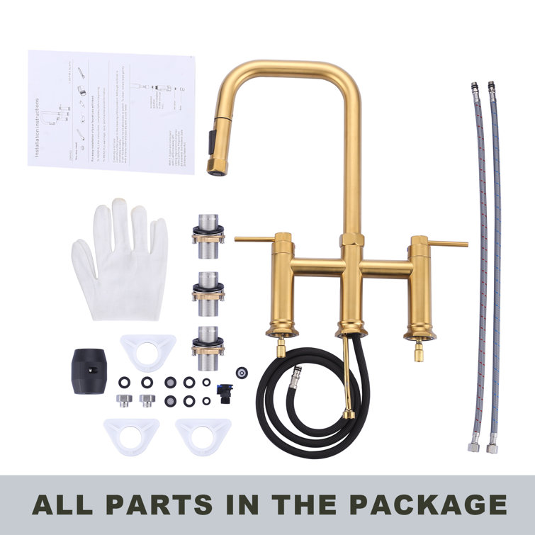 Brushed Gold Brass Double Handle Bridge Kitchen Faucet with Pull-out Spray