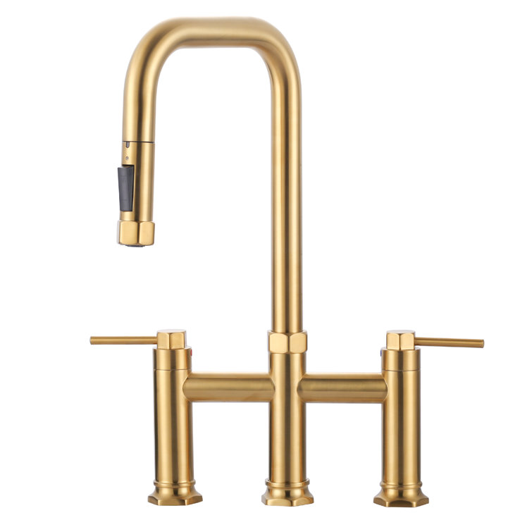 Brushed Gold Brass Double Handle Bridge Kitchen Faucet with Pull-out Spray