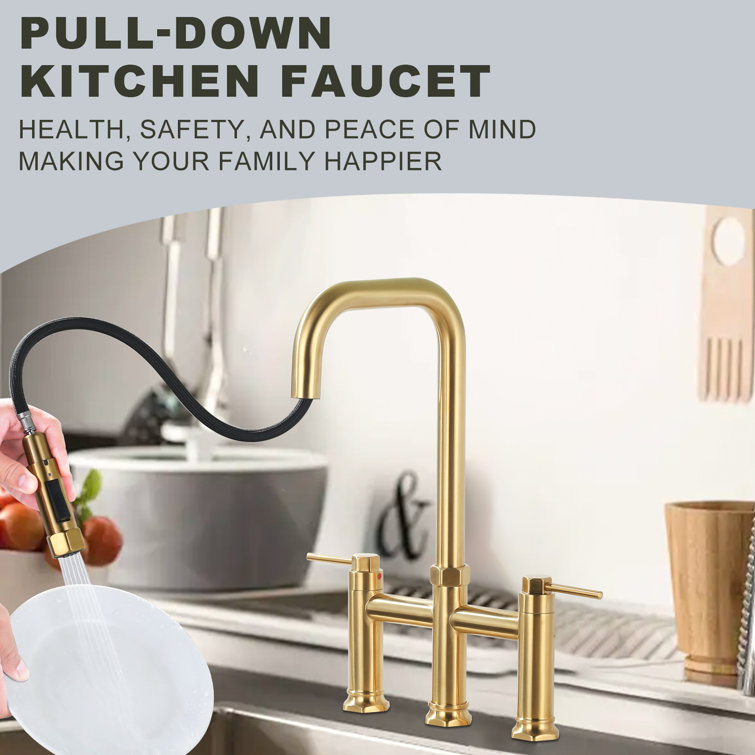 Brushed Gold Brass Double Handle Bridge Kitchen Faucet with Pull-out Spray