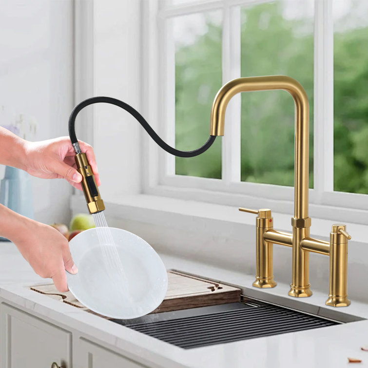 Brushed Gold Brass Double Handle Bridge Kitchen Faucet with Pull-out Spray